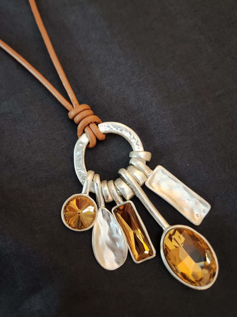 Amber Crystal Pendant Necklace on Tan Leather Cord